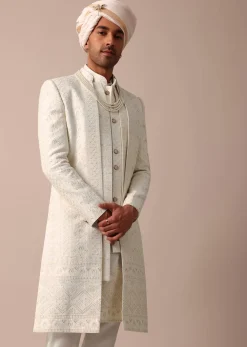 Exquisite White Silk Sherwani With Intricate Embroidery