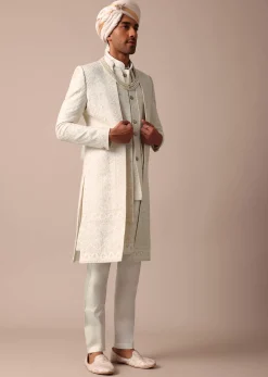 Exquisite White Silk Sherwani With Intricate Embroidery