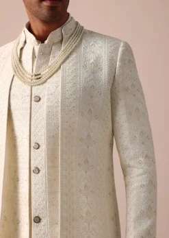 Exquisite White Silk Sherwani With Intricate Embroidery