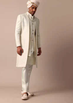 Exquisite White Silk Sherwani With Intricate Embroidery