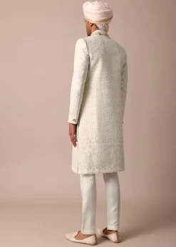 Exquisite White Silk Sherwani With Intricate Embroidery