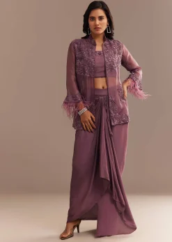 Faded Wine Sequined Jacket Draped Skirt Set