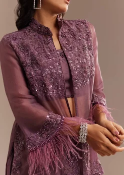 Faded Wine Sequined Jacket Draped Skirt Set