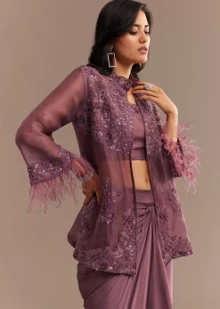Faded Wine Sequined Jacket Draped Skirt Set