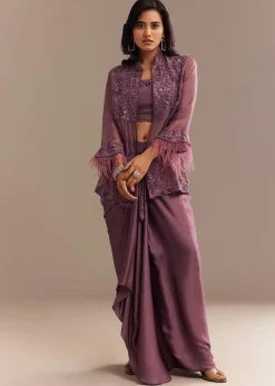 Faded Wine Sequined Jacket Draped Skirt Set