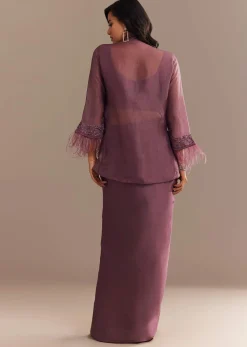 Faded Wine Sequined Jacket Draped Skirt Set