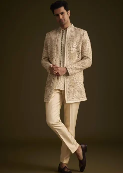 Faun Hand Embroidered Sherwani With Tonal Mirror and Sequin Detailing
