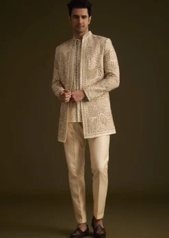 Faun Hand Embroidered Sherwani With Tonal Mirror and Sequin Detailing