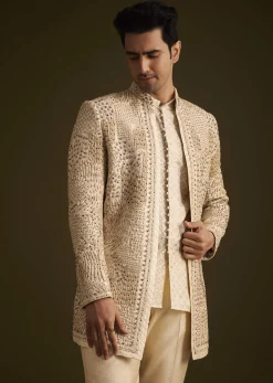 Faun Hand Embroidered Sherwani With Tonal Mirror and Sequin Detailing