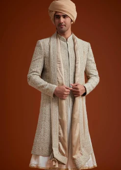 Faun Sherwani Set With Dori And Thread Embroidery