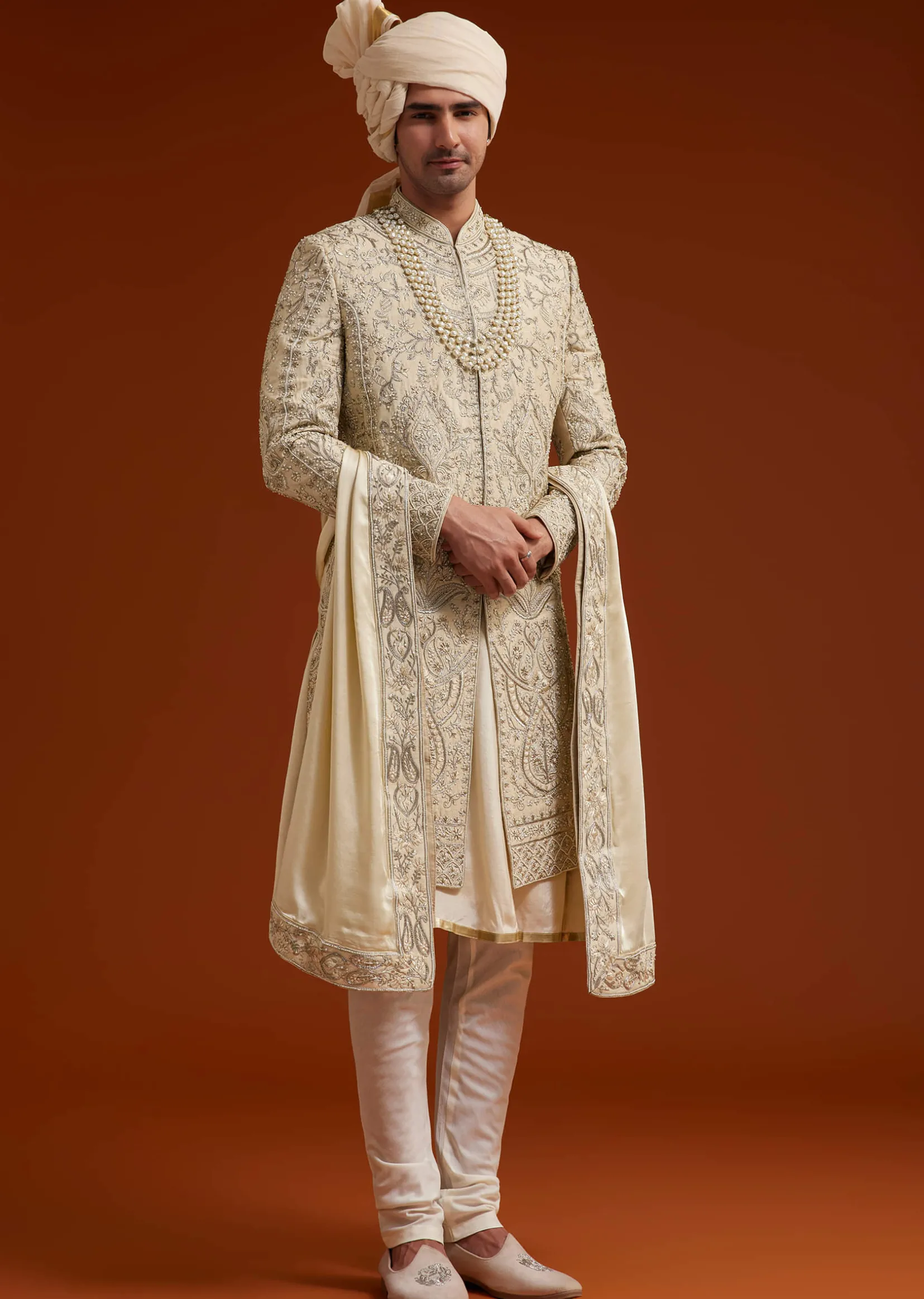 Faun Sherwani Set With Zardosi And Butti Work