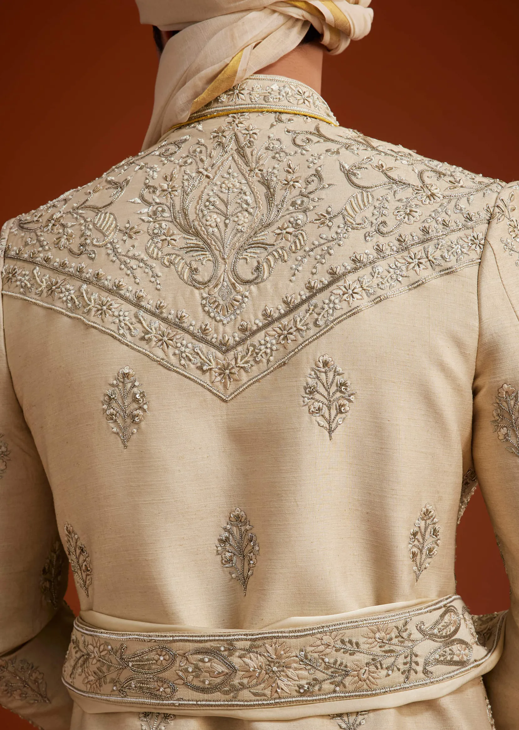 Faun Sherwani Set With Zardosi And Butti Work