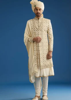 Faun Silk Groom Sherwani Set With Gota And Zardosi Work