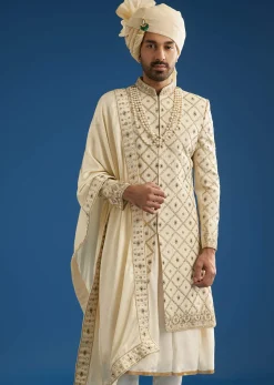 Faun Silk Groom Sherwani Set With Gota And Zardosi Work