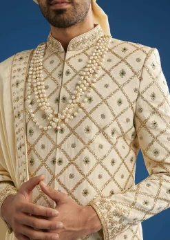 Faun Silk Groom Sherwani Set With Gota And Zardosi Work