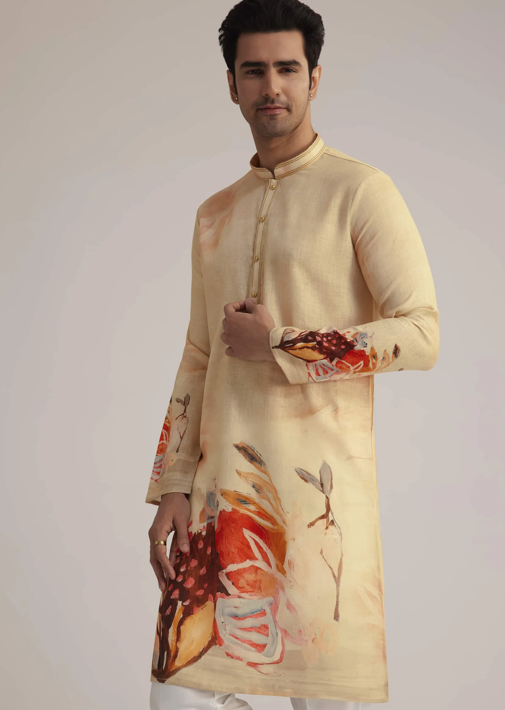 Fawn Linen Kurta Set With Butterfly Inspired Abstract Print
