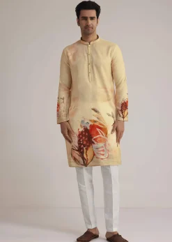 Fawn Linen Kurta Set With Butterfly Inspired Abstract Print