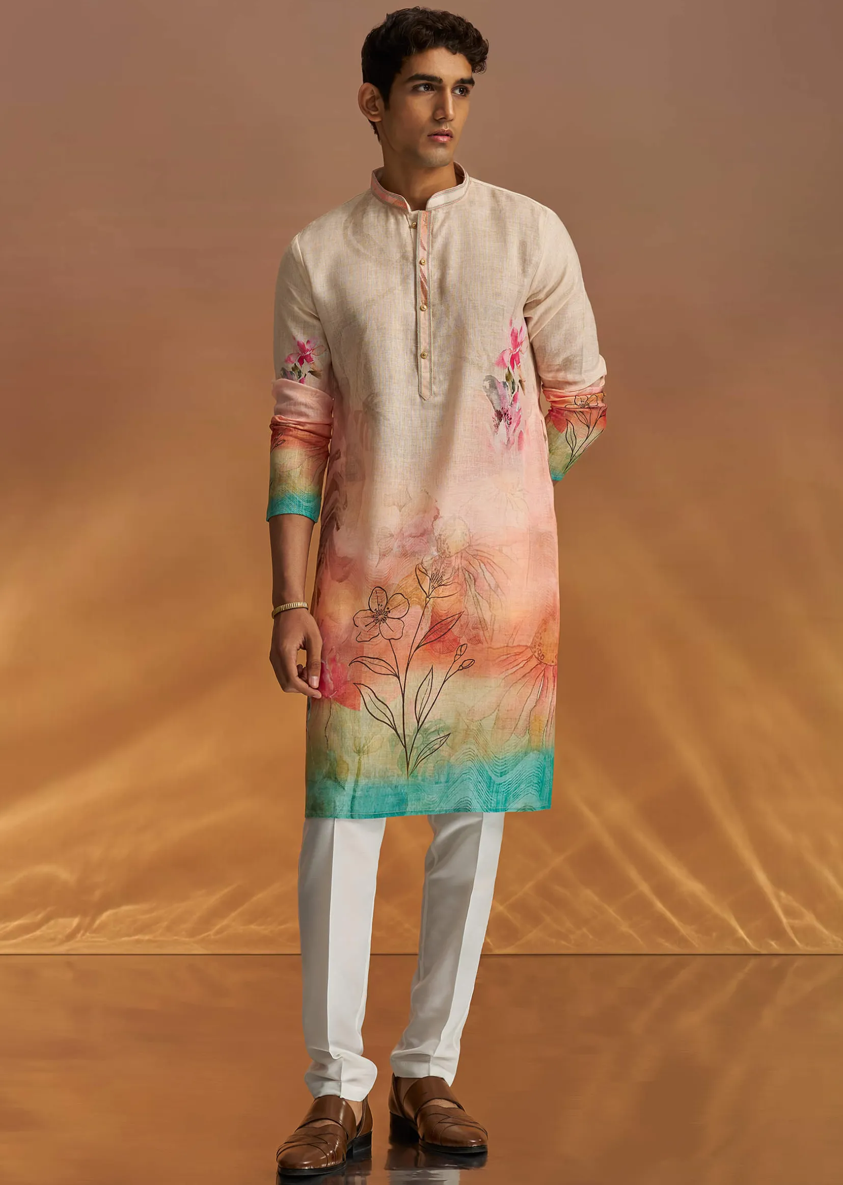 Fawn Linen Ombre Kurta Set With Floral Print