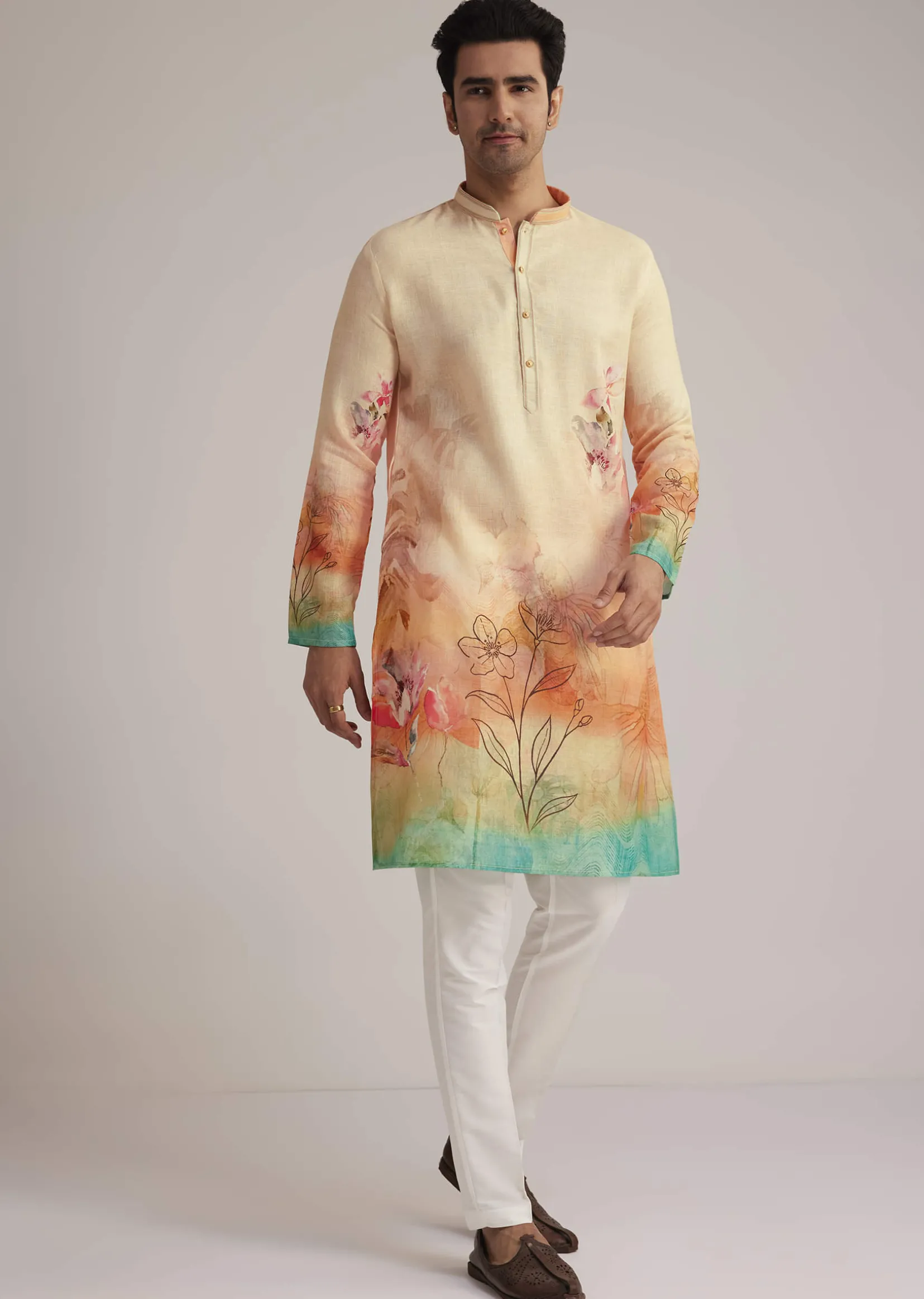 Fawn Linen Ombre Kurta Set With Floral Print