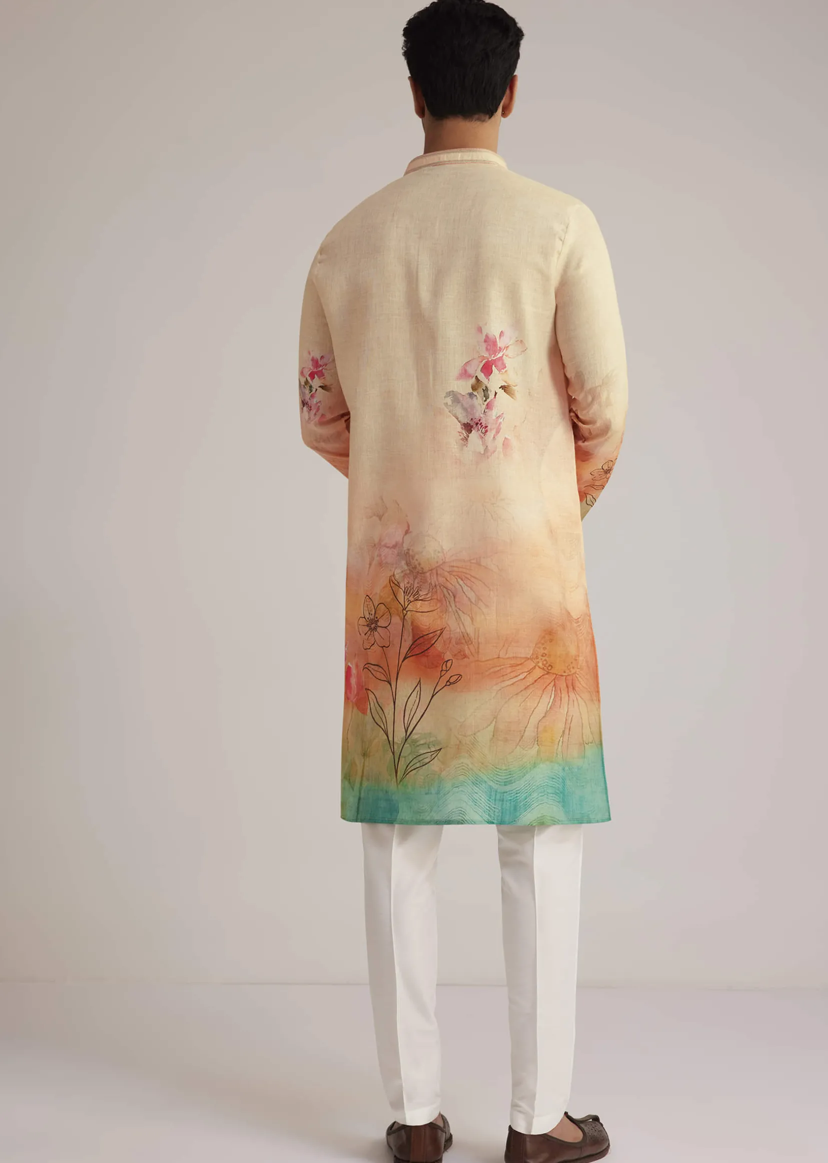 Fawn Linen Ombre Kurta Set With Floral Print