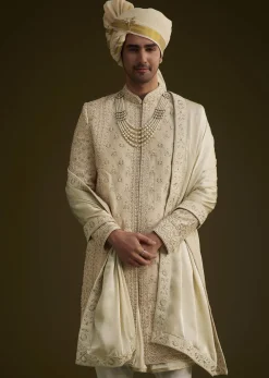 Fawn Raw Silk Sherwani Set With Zardosi Embroidery