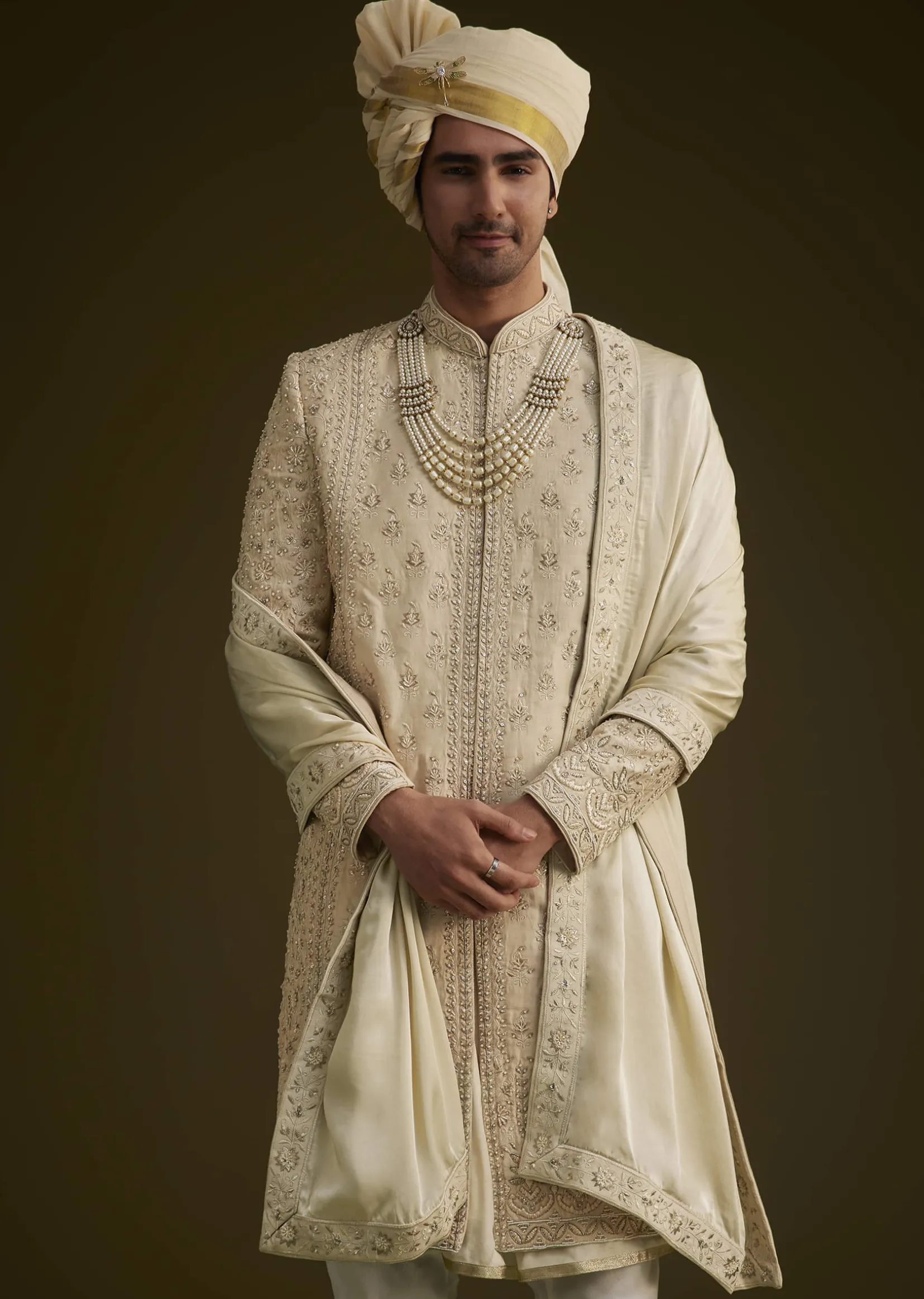 Fawn Raw Silk Sherwani Set With Zardosi Embroidery