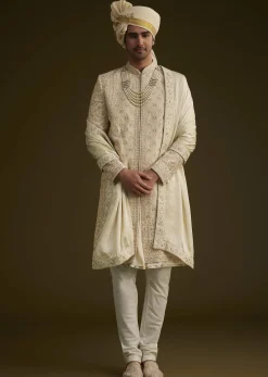 Fawn Raw Silk Sherwani Set With Zardosi Embroidery