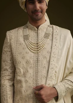 Fawn Raw Silk Sherwani Set With Zardosi Embroidery