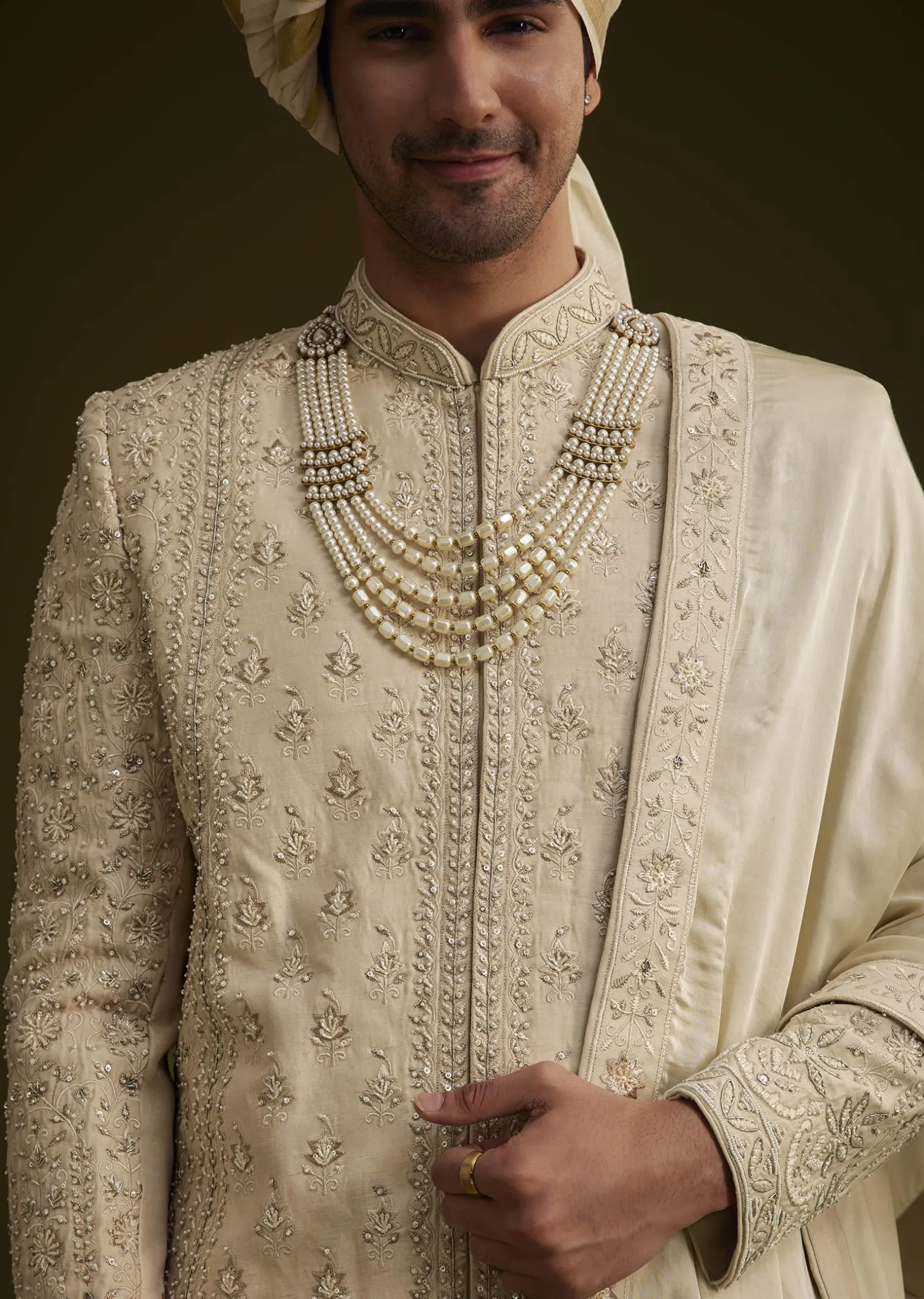 Fawn Raw Silk Sherwani Set With Zardosi Embroidery