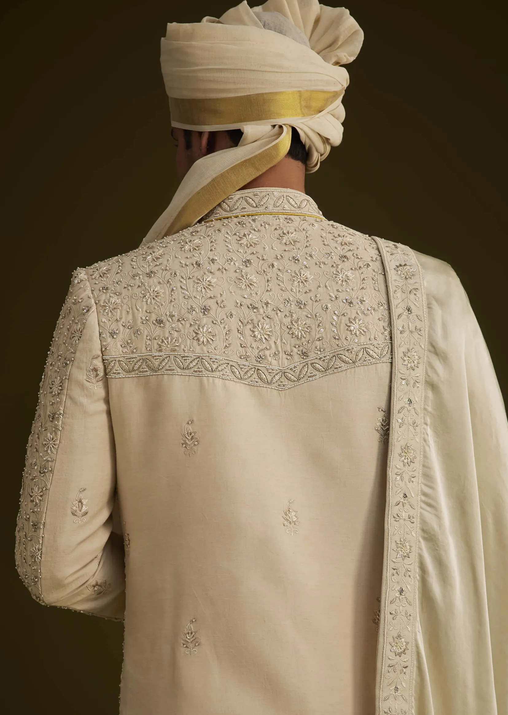 Fawn Raw Silk Sherwani Set With Zardosi Embroidery
