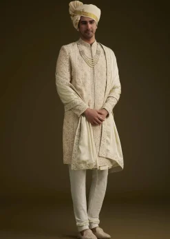 Fawn Raw Silk Sherwani Set With Zardosi Embroidery
