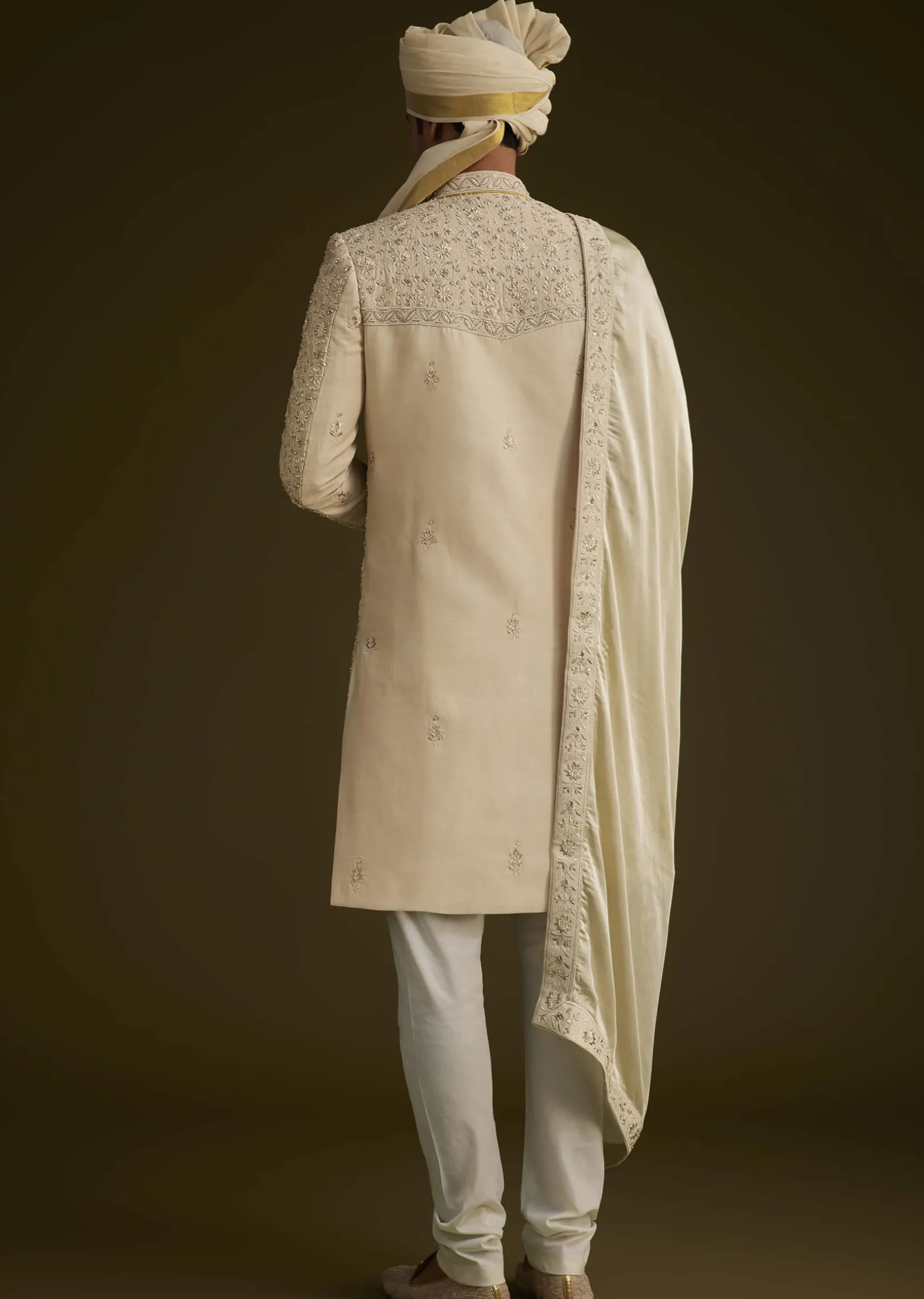 Fawn Raw Silk Sherwani Set With Zardosi Embroidery
