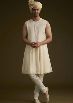 Fawn Raw Silk Sherwani Set With Zardosi Embroidery