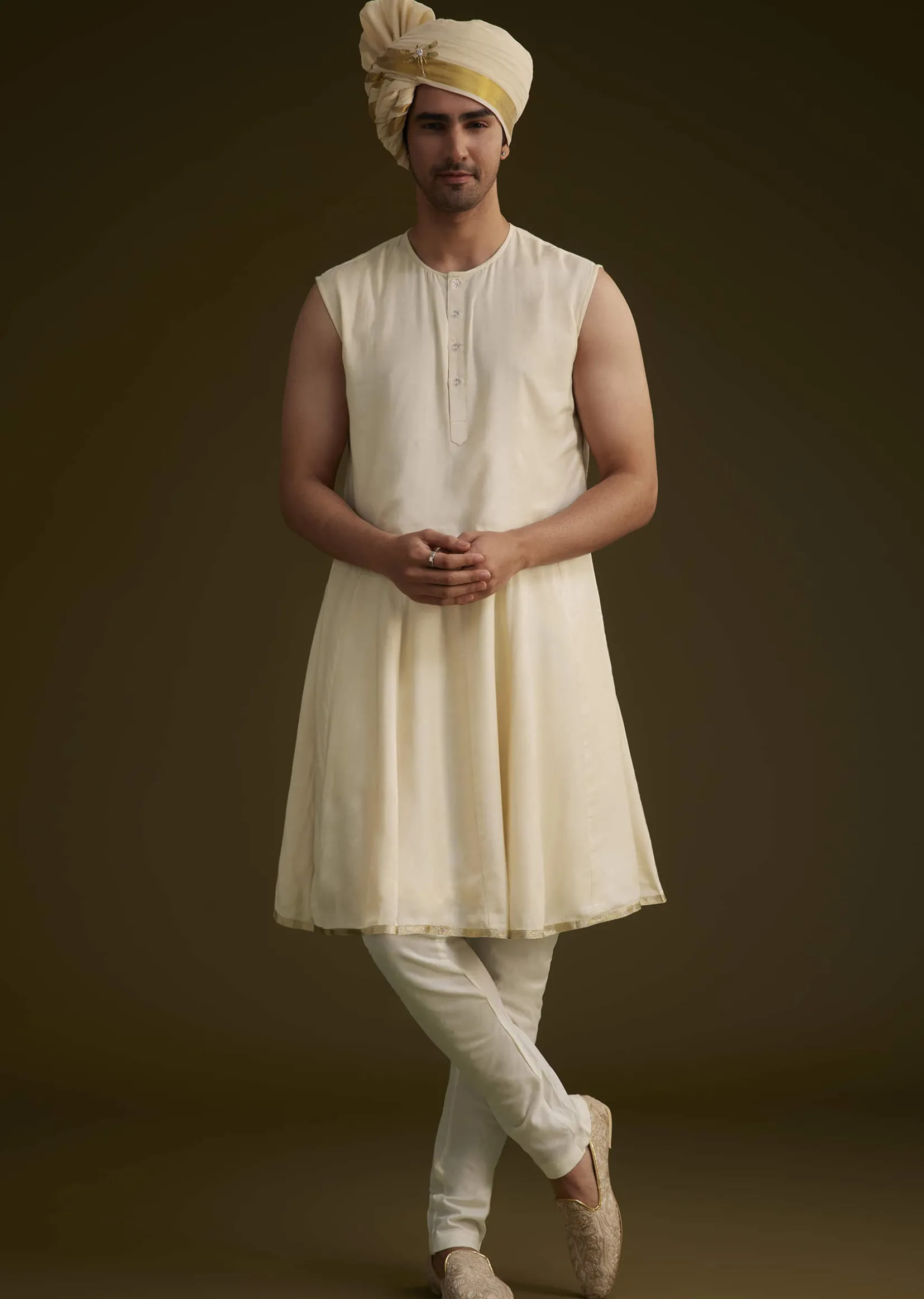 Fawn Raw Silk Sherwani Set With Zardosi Embroidery