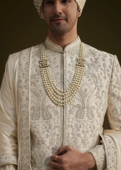 Fawn Silk Sherwani Set With Zardosi Detailing