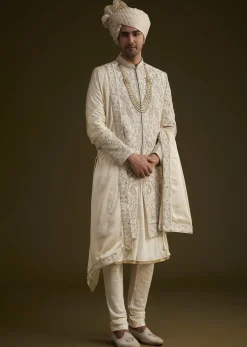 Fawn Silk Sherwani Set With Zardosi Detailing