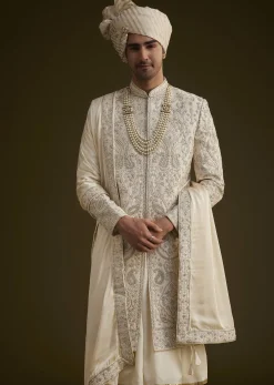 Fawn Silk Sherwani Set With Zardosi Detailing