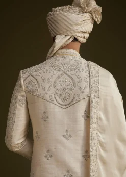 Fawn Silk Sherwani Set With Zardosi Detailing