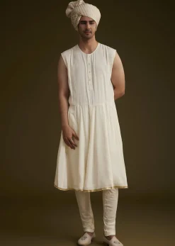 Fawn Silk Sherwani Set With Zardosi Detailing