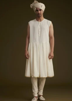 Fawn Silk Sherwani Set With Zardosi Detailing