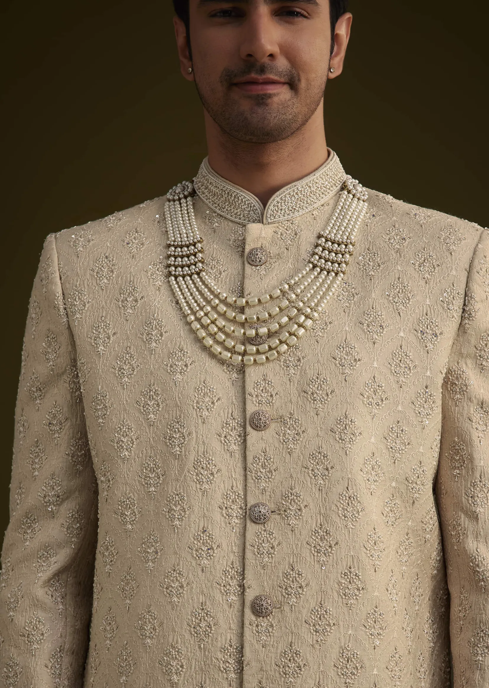 Fawn Silk Sherwani Set With Zardosi Embroidery