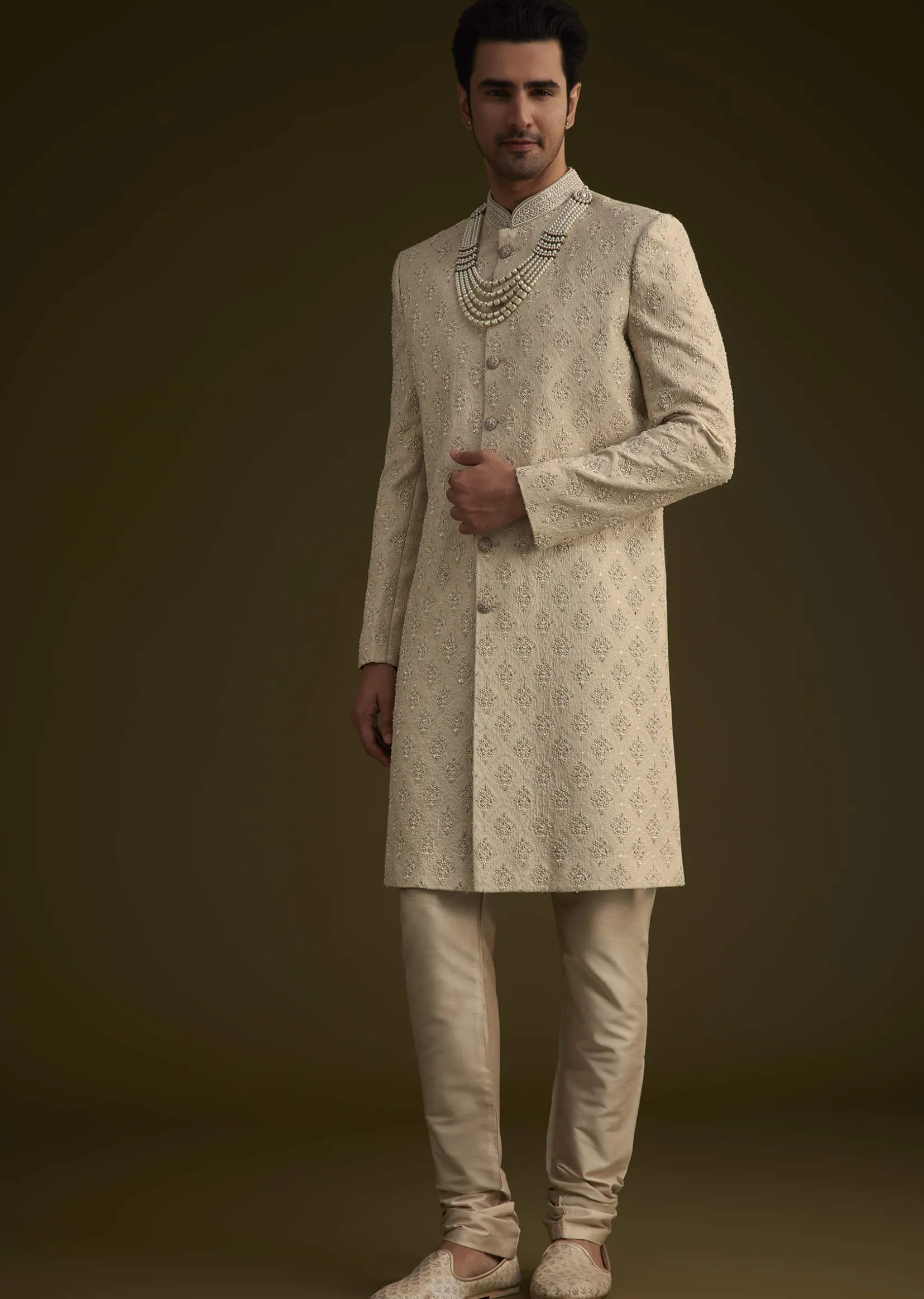 Fawn Silk Sherwani Set With Zardosi Embroidery