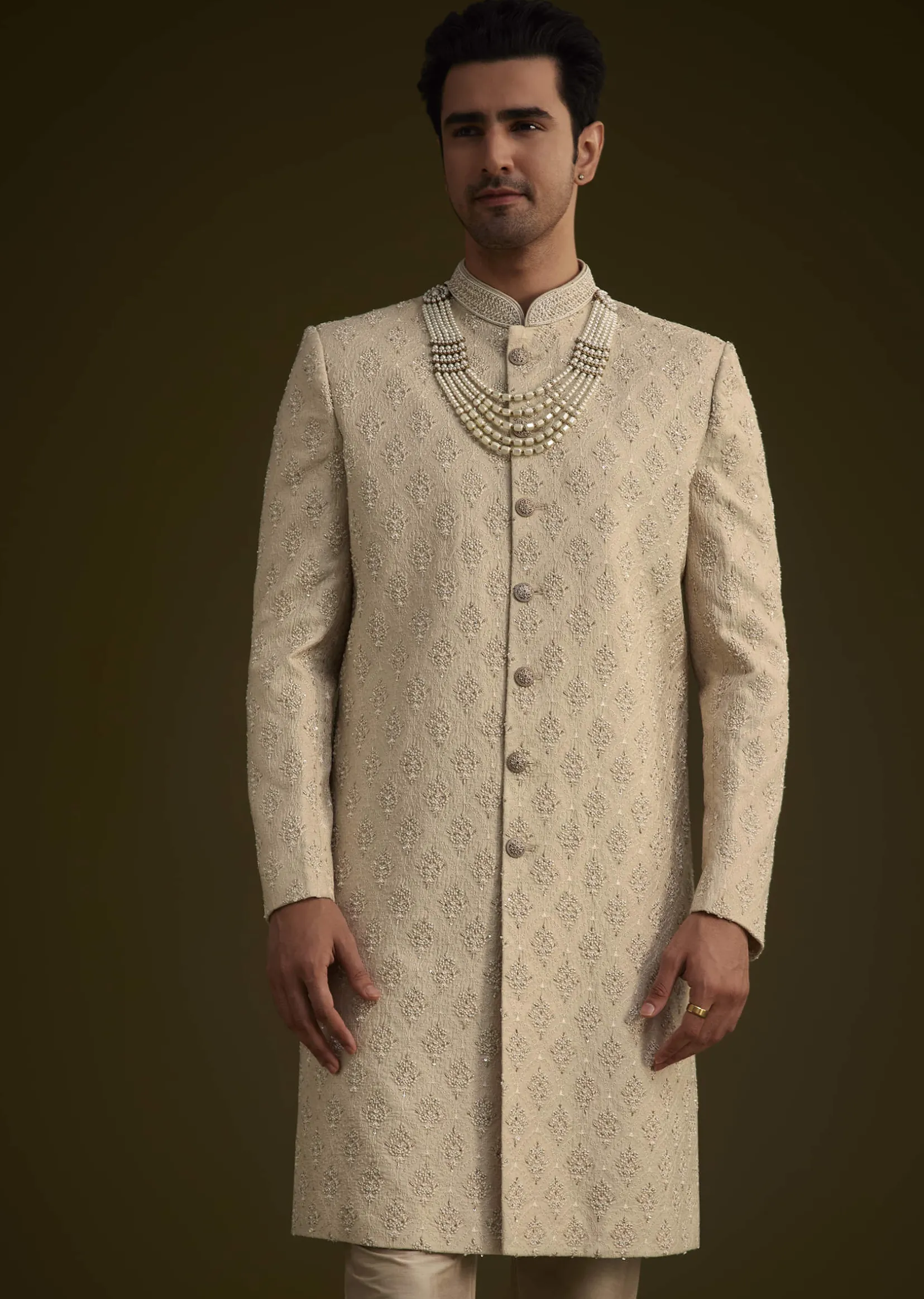 Fawn Silk Sherwani Set With Zardosi Embroidery