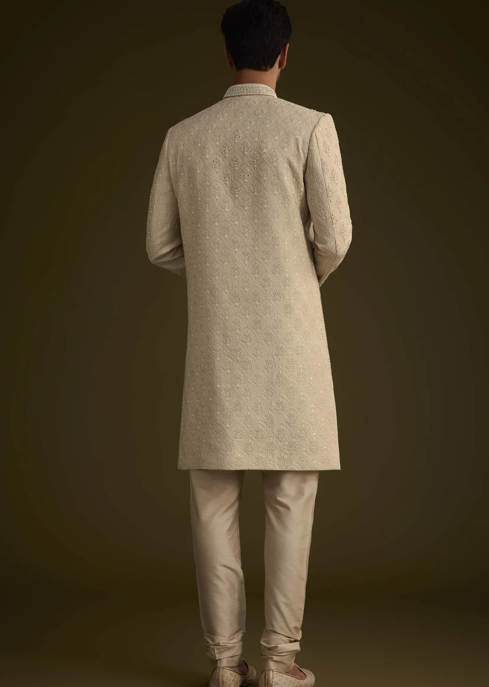 Fawn Silk Sherwani Set With Zardosi Embroidery