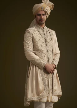Fawn Silk Sherwani With Zardosi Embroidery