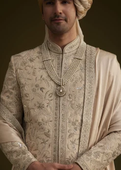 Fawn Silk Sherwani With Zardosi Embroidery