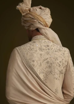 Fawn Silk Sherwani With Zardosi Embroidery