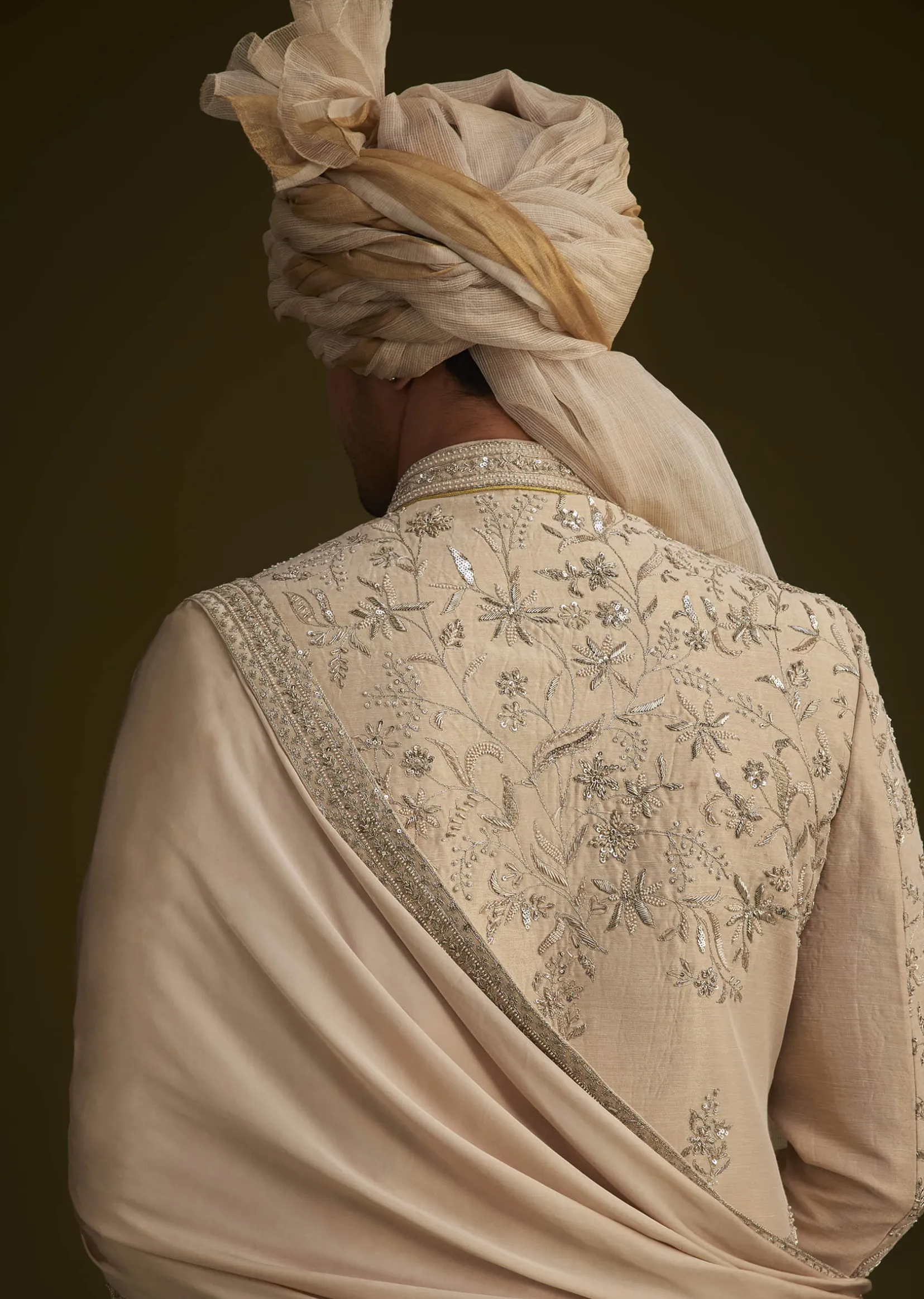 Fawn Silk Sherwani With Zardosi Embroidery