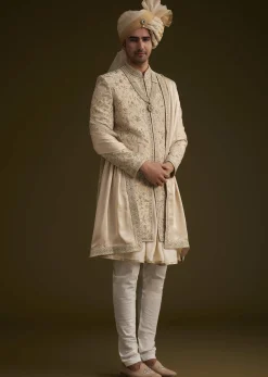 Fawn Silk Sherwani With Zardosi Embroidery