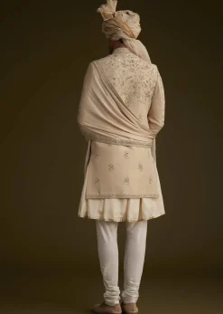 Fawn Silk Sherwani With Zardosi Embroidery